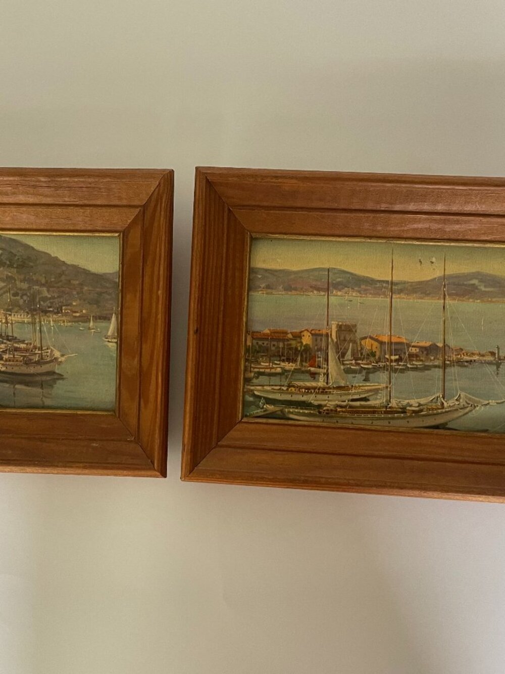 Two Vintage lithography prints boats harbour in solid wood frame small